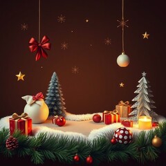 Festive christmas holiday still life with gifts, trees, ornaments