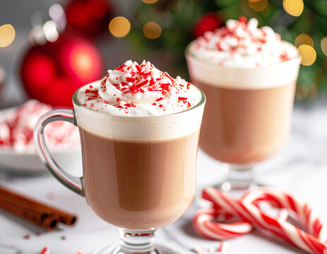 Festive peppermint mocha latte, closeup, selective focus. AI