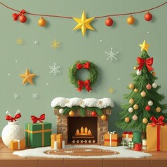 Cozy christmas scene featuring tree, gifts, fireplace, and wreath.
