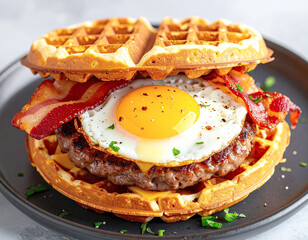 Waffle breakfast sandwich, sausage, fried egg, bacon, and cheese. AI