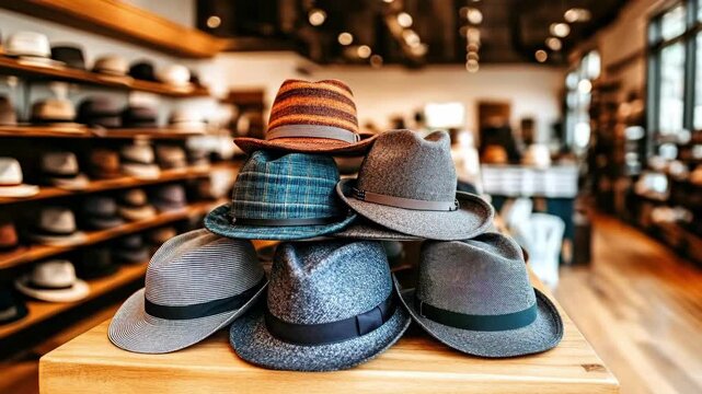 Collection of stylish fedoras displayed in fashionable hat store