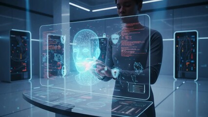 Female it professional interacting with a futuristic holographic display, developing advanced facial recognition software and configuring cybersecurity protocols in a modern high tech laboratory - Powered by Adobe