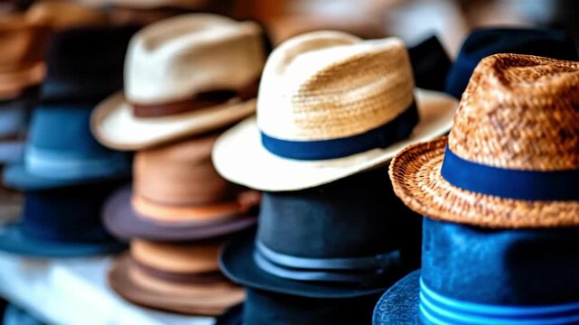 Variety of stylish fedora hats on display in market setting