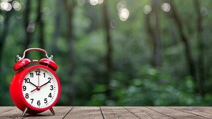 A vibrant alarm clock stands on a rustic wooden surface surrounded by lush greenery, highlighting a moment of peace amidst nature - Powered by Adobe