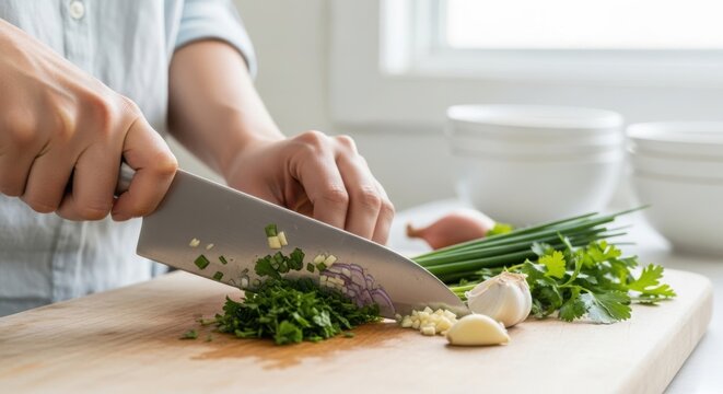 Preparing fresh herbs for cooking on wooden cutting board at home, vibrant herbs are chopped for recipes. Cooking preparation with herbs adds flavor to food, creating aromatic dishes. - Powered by Adobe