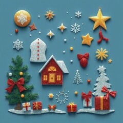 Festive holiday ornaments and winter scene on blue background