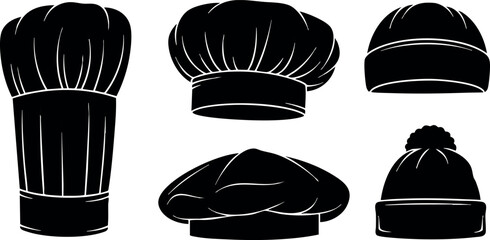 Vector collection of chef hats and winter knit caps in black silhouette style