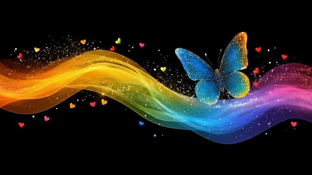 Colorful glowing butterfly with rainbow trails and heart accents on black background