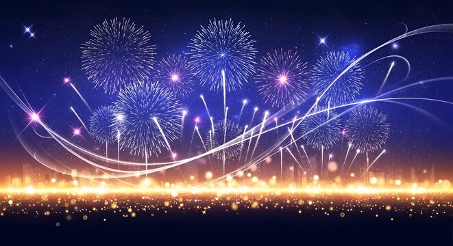 Festive fireworks explode over illuminated city skyline at night