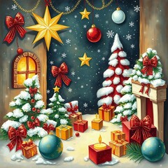 Snowy christmas scene with gifts, decorated trees, and warm glow