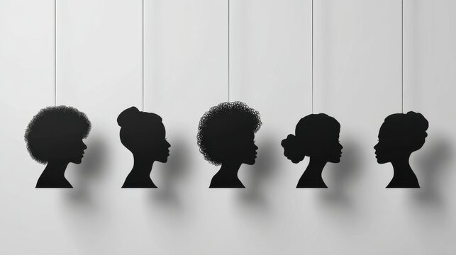 Artistic display of african american silhouettes on minimalist hanging pendants against white background - Powered by Adobe