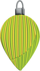 A green and yellow striped Christmas ornament with a teardrop shape and a silver hanging cap is displayed against