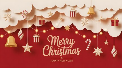 Merry christmas and happy new year with festive decorations on red background
