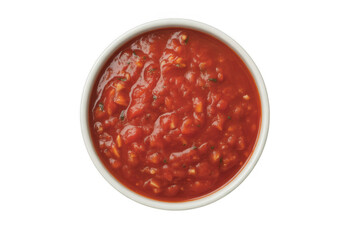 White bowl filled with chunky tomato salsa isolated on a transparent background