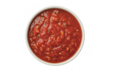 White bowl filled with chunky tomato salsa isolated on a transparent background