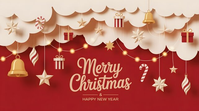 Merry christmas and happy new year with festive decorations on red background - Powered by Adobe