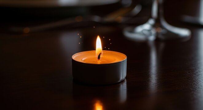 Candle flame casts soft light on polished table surface. Candle flame illuminates dining ambiance and creates intimate atmosphere.