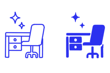 Sparkling office desk and chair icon, clean workspace symbol
