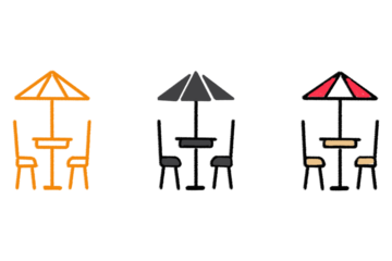 Outdoor cafe table chairs umbrella icon set vector illustration