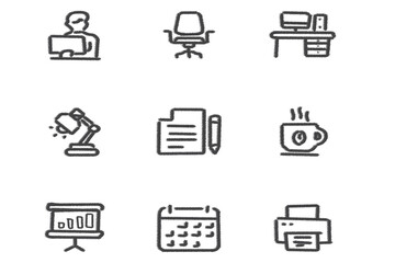 Office and business essential tools icons, linear vector set