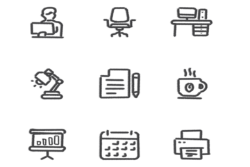 Office and business essential tools icons, linear vector set