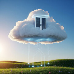 Server Rack Data Center Emerging from a Cloud Over a Green Field: Cloud Computing, Sustainable Data, and Digital Services