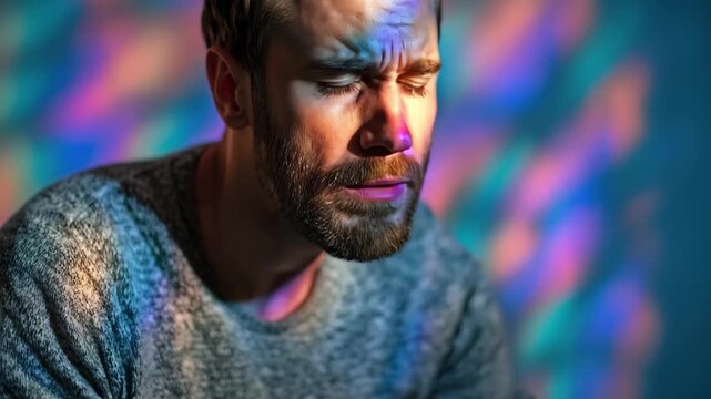 Man with hands on head surrounded by colorful light patterns expressing emotion and deep thought in a serene indoor setting