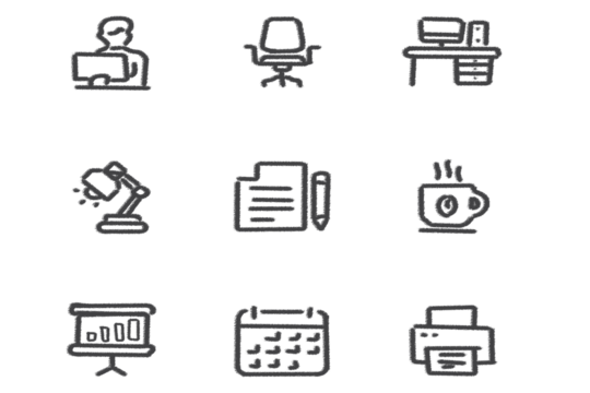 Office and business essential tools icons, linear vector set