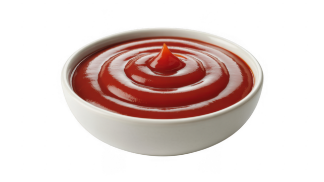 White bowl filled with red ketchup sauce forming concentric circles with a peak isolated on a transparent background
