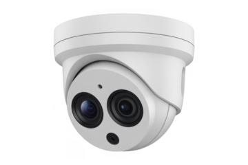 White dome security camera with dual lenses isolated on a transparent background