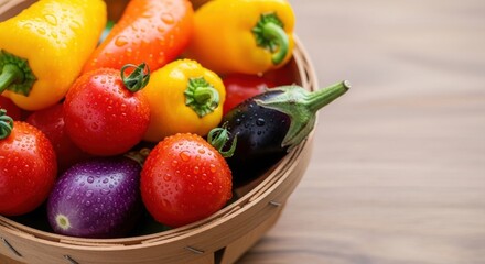 Fresh vegetables in basket on wooden table showcasing colorful bell peppers, tomatoes, and eggplants. Fresh vegetables, a colorful assortment, fill woven basket, creating healthy still life.