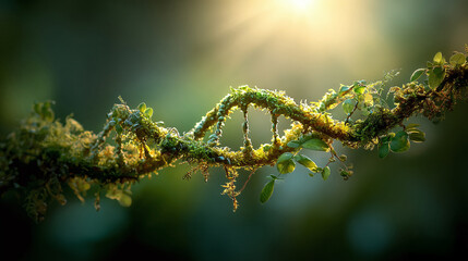 A representation of DNA, covered with moss and foliage, suggesting a connection between genetics and nature. The DNA strand is a symbol of heredity.