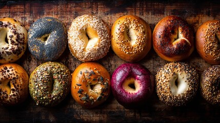 Delicious bagel assortment with poppy seeds, oats, and everything seasoning on rustic wood, perfect for breakfast menus and deli promotions