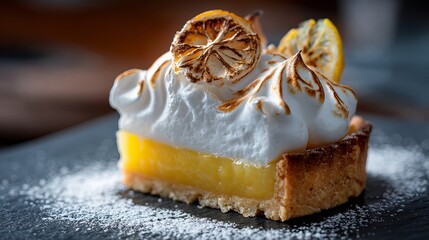 Indulge in a delectable lemon meringue tart, a vibrant dessert that's both sweet and tangy, perfect for food blogs, restaurant menus, and dessert lovers