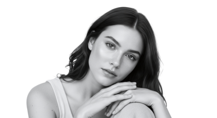 A beautiful young woman with dark hair and a serene expression looks directly at the camera in a black and white studio portrait, isolated on transparent background