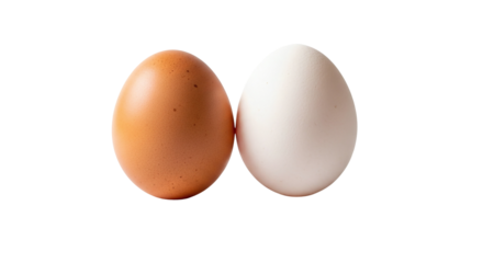 A closeup shot of a brown egg and a white egg standing side by side, showcasing their distinct colors and textures, isolated on transparent background