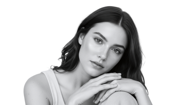 A beautiful young woman with dark hair and a serene expression looks directly at the camera in a black and white studio portrait, isolated on transparent background