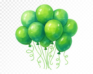 Vibrant green helium balloons bouquet with curling ribbons in watercolor style, festive celebration decoration for birthday party, holidays and events. Vector illustration.