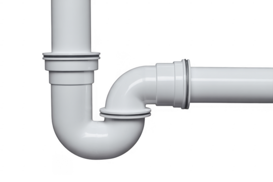 White plastic plumbing pipe trap with rubber seals isolated on a transparent background