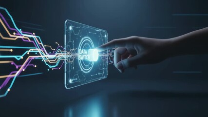 Human finger touching a glowing data switch button on a virtual screen, activating a futuristic interface with flowing digital information streams representing big data and network connectivity - Powered by Adobe