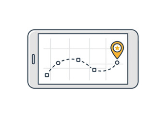 Fototapeta premium Illustration of a smartphone displaying a graph with a dotted line path and a location pin, symbolizing navigation and progress tracking on a digital device