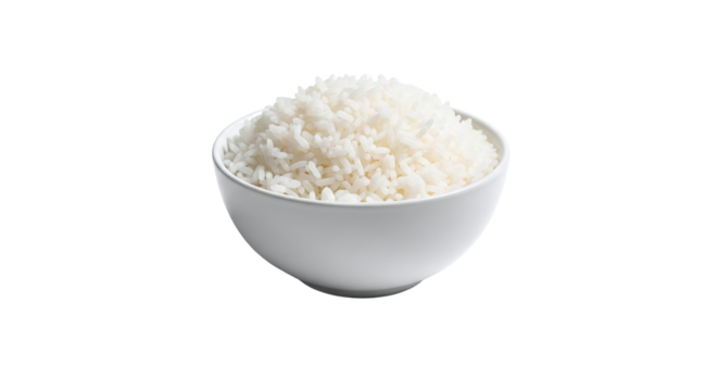 A bowl of fluffy white cooked rice, perfectly prepared and ready to be served, showcasing its delicate texture and inviting appearance, isolated on transparent background
