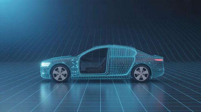 Futuristic glowing car blueprint visualized on digital grid, showcasing innovative automotive technology and advanced design concepts for future mobility solutions.