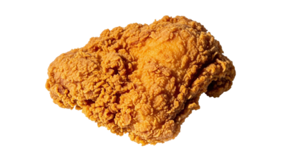A single piece of crispy, golden brown fried chicken, perfectly seasoned and cooked, showcasing its delicious texture and inviting appearance, isolated on transparent background