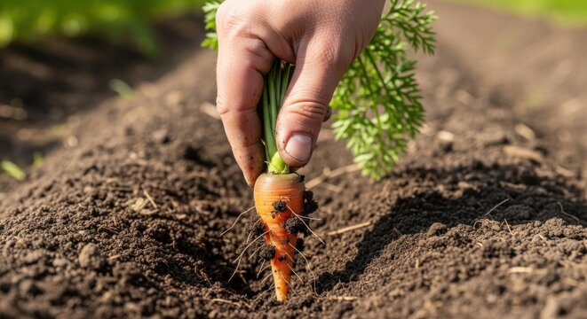 Harvesting carrots from rich soil, fresh carrots in hand on furrowed land. Harvesting of organically grown carrots, freshly harvested vegetables from farm. - Powered by Adobe