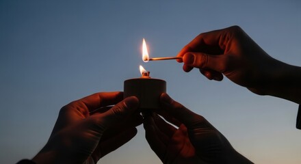 Lighting a candle illuminates moment in dim twilight sky. Lighting, a ritual, brings warmth and hope against backdrop twilight sky, creating atmosphere quiet reflection.