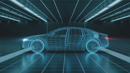 Futuristic neon wireframe sedan glides through a sleek, modern tunnel, symbolizing innovation and advanced automotive design in a dynamic digital landscape.