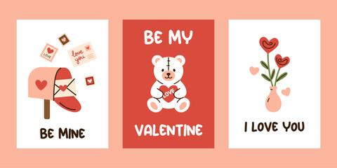 Vector set of Valentines Day greeting cards. Bear with heart, mailbox with love letter, flowers. Cute romantic festive posters design for holiday, gift, celebration, love declaration in flat style.
