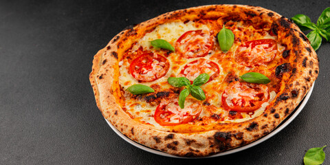 Pizza tomato margarita fast food natural product tasty snack fresh delicious gourmet food background on the table rustic top view copy space