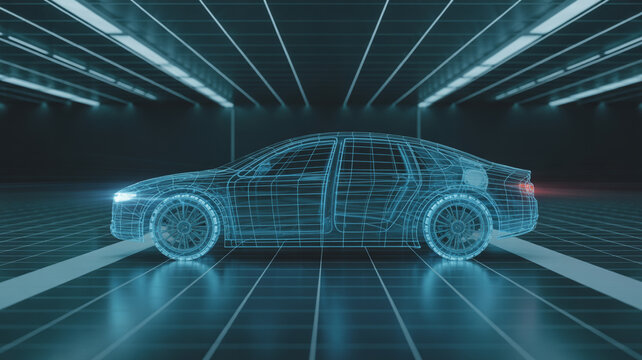 Futuristic neon wireframe sedan glides through a sleek, modern tunnel, symbolizing innovation and advanced automotive design in a dynamic digital landscape. - Powered by Adobe